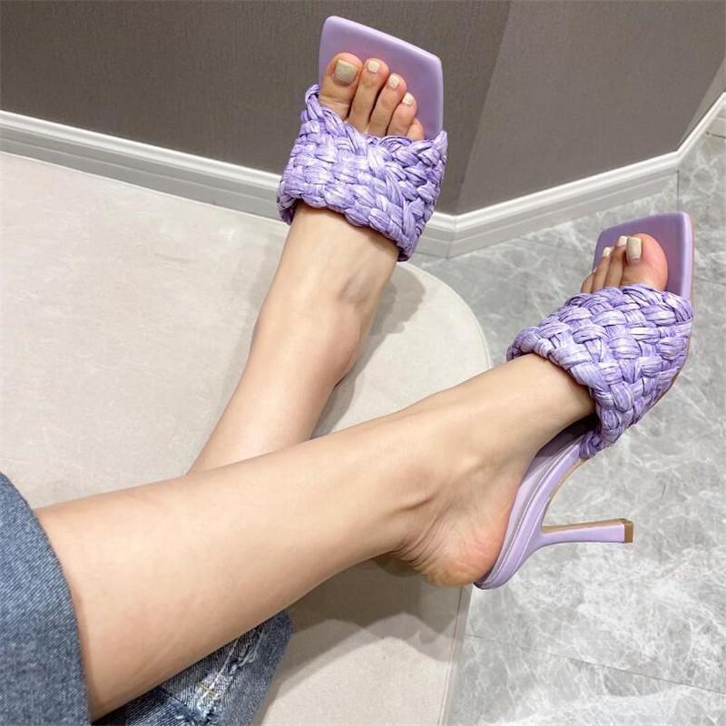 

High Quality Dress Shoes Zapatos De Mujer 2021 Summer Women Raffia Weave Slippers Vintage Square Toe High Heel Weaving Sandals, Blue