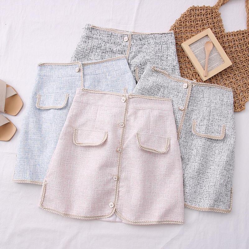 

2021 New Fashion Autumn Spring Women Pockets Office Lady High Waist Tweed Elegant Woolen Mini Skirts Vintage R19a, Pink