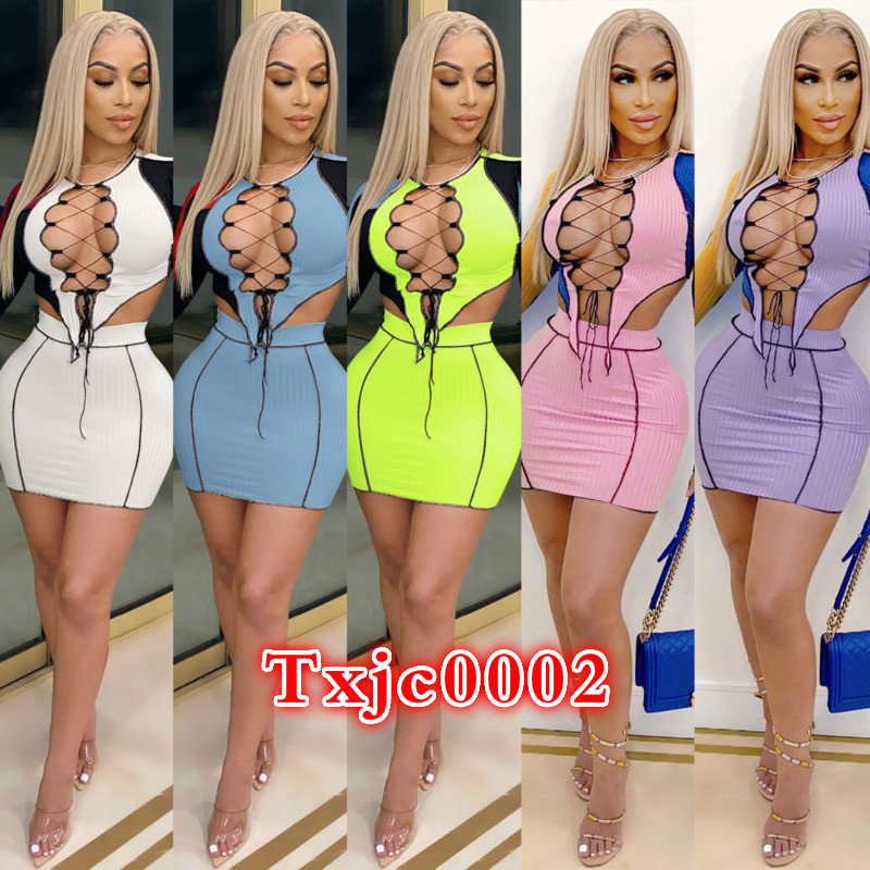 

Women Tracksuits 2 Piece Skirt Set Designer Spring Style Lace Up Cut Out Color Contrast T-shirt Hollow Stitching Top Short Skirt, Blue with purple