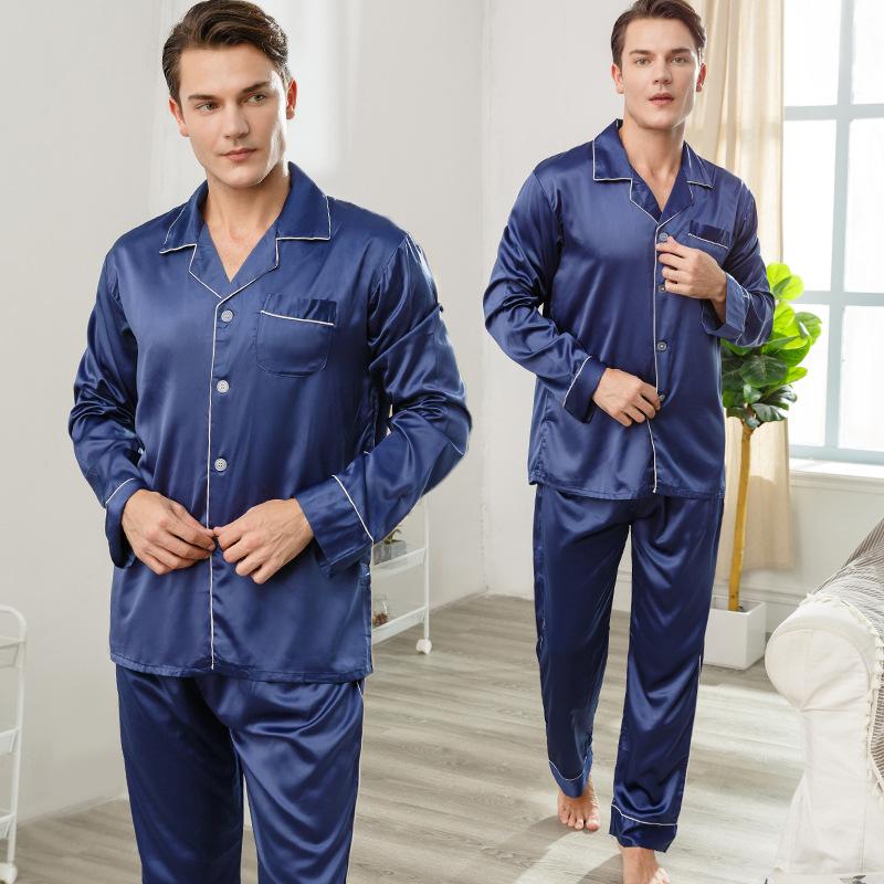 

Men Sleep Set Satin Casual Spring Male Sleepwear Print Kimono Bathrobe Gown Shirt&Pants Summer Intimate Lingerie Homewear1, Navy blue