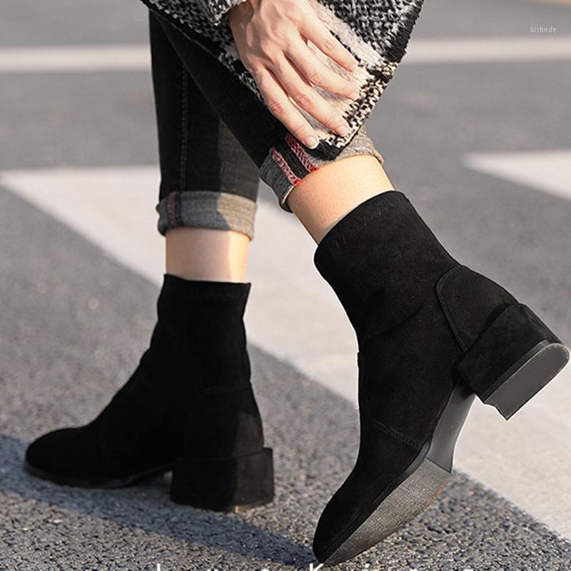 

Women Spring And Autumn Black Boots Winter Plus Velvet Square Toe mid-heel Nude Boots Women Flock Thick Heel Suede Ankle1