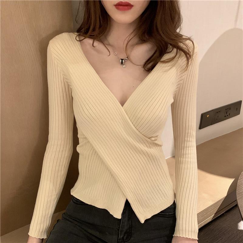 

Zoki Knitted Full Women Sweater Long Sleeve Fashion Crossed V Neck Jumper Causal Sexy Autumn Slim Pullover Ladies Basic Top 2020, Black