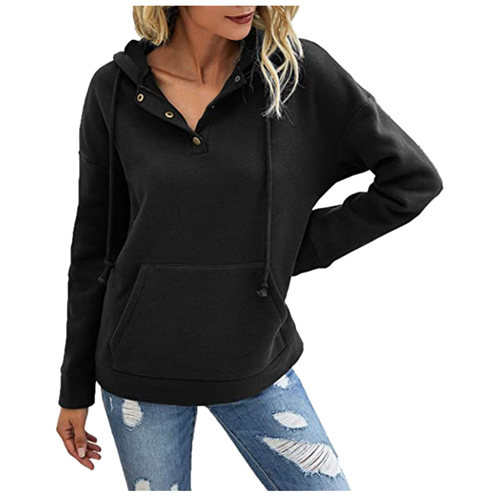 

Women' Solid Hoodies Pullover Long Sleeve Drawstring Sweatshirts With Pocket Sweetshirts Autumn Winter Tracksuit, Black