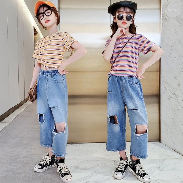 

Summer new 6-11 year old girl in the big boy striped jacket short-sleeved hole denim nine points pants casual fashion girl suit1, Purple