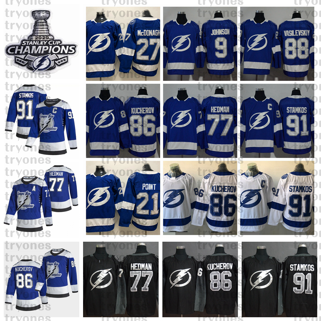 

2020 Stanley Cup Champions Tampa Bay Lightning Steven Stamkos Nikita Kucherov Victor Hedman McDonagh Johnson Vasilevskiy Point Hockey Jersey, White final