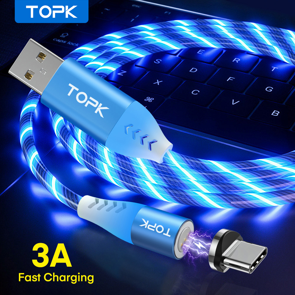 

TOPK 3A Flowing Light LED Magnetic Cable Micro USB Type C Cable Fast charging Data Cable for Phone Samsung USB-C Phone Cables, Multicolour
