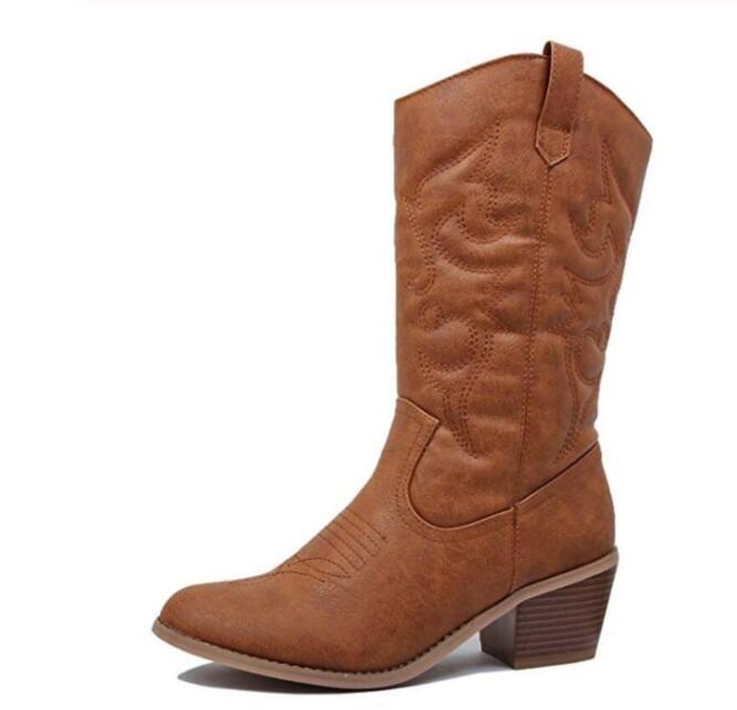 

Women mid-calf Boots Big Size mid heels slip on Boots Booties gladiator vintage PU leather round toe Shoe botas mujer, Black