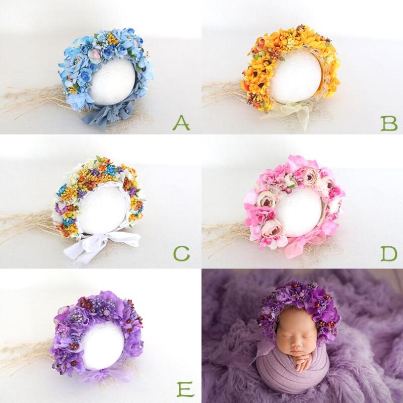 

Baby Photography Floral Bonnet Vintage Newborn Flower Headpiece Infant Baby Boy Floral Bonnet Newborn Props Flower Hat, As photo