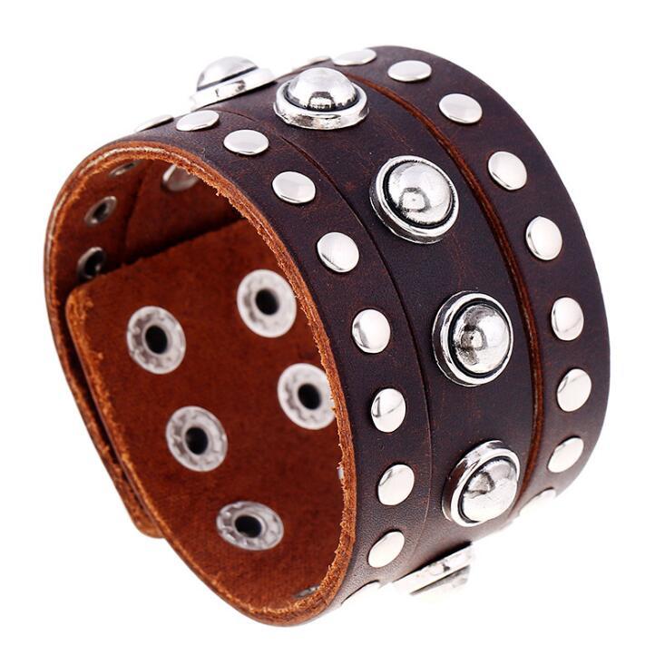 

Punk Men Wide Wristbands Genuine Leather Bracelet Cuff Fashion Round Rivet Charm Buckle Bangle Wrap Jewelry for Women Biker Gift