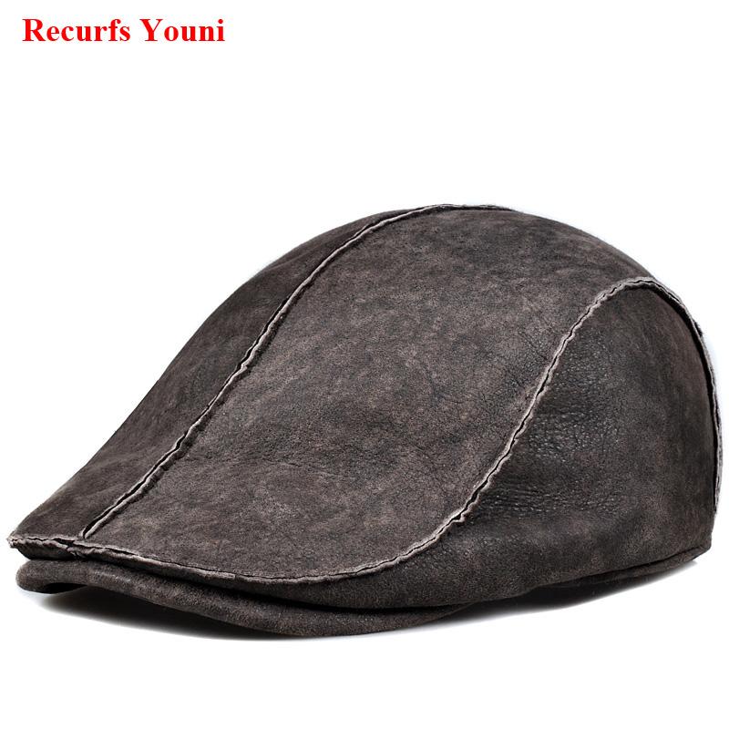 

Winter Genuine Leather Beret Hat Men's Korean Light Warm Real Leather Fur One Cap Male Hand-sewn Shearing Boina With Ear Tab, Grey