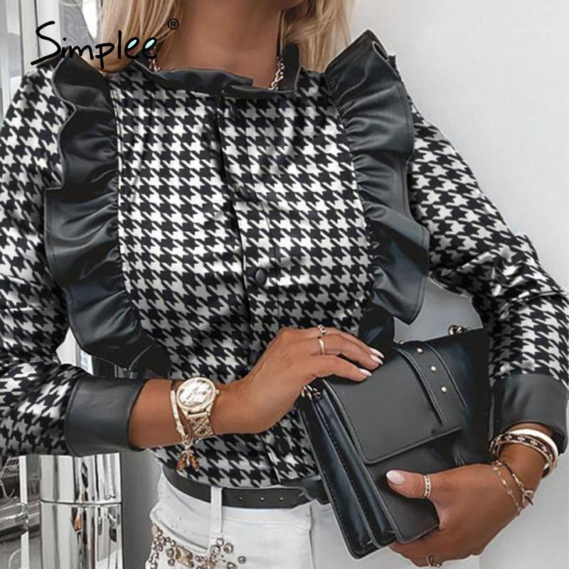 

Simplee Casual spring autumn houndstooth leather blouse button Office lady ruffled shirt slim Long sleeve stand collar top women1, Black
