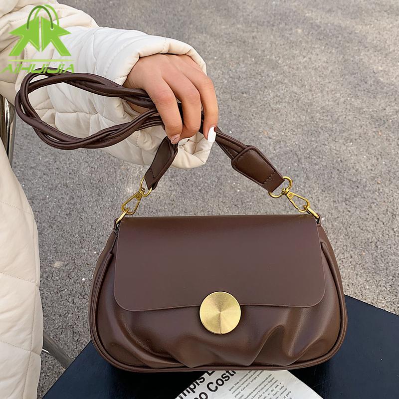 

Fashion Girls PU Leather Plain Handbag Female Shoulder Bags Designer Flap Bag Woman Crossbody Single Strap Messenger Handbags, Khaki