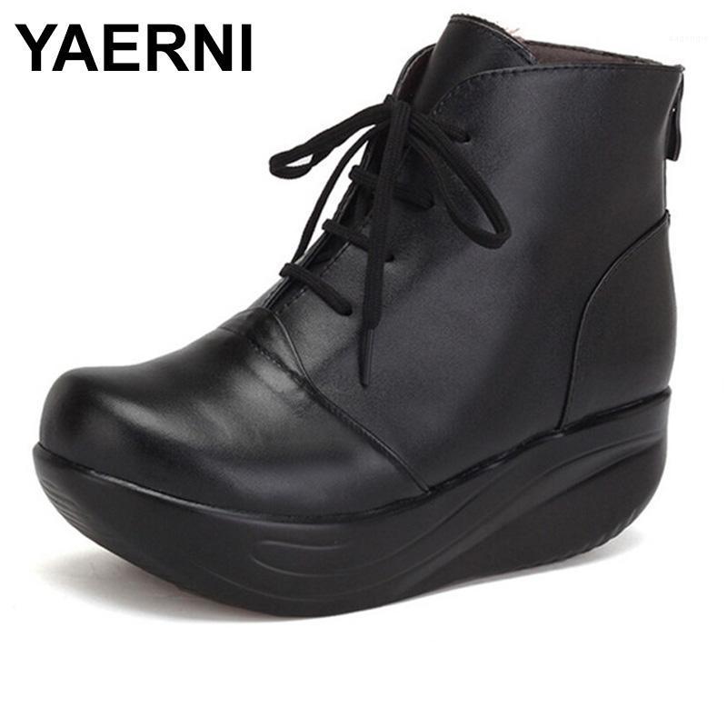 

YAERNI Zipper Black Women Boots Lace Up Genuine Leather Winter Shoes Warm Wedges Platform Swing Shoes Big Size Short Boots E6061