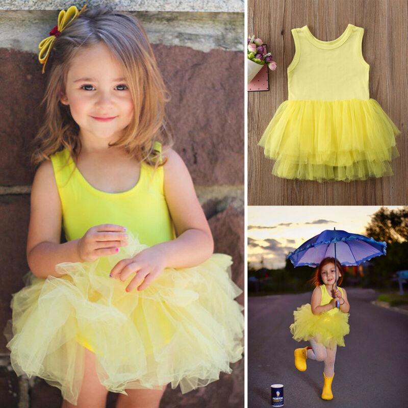 

Toddler Baby Girl Kid Vest Lace Sleeveless Crew Neck Yellow Dress Ballet Outfits Summer Casual Clothes Top, As pic