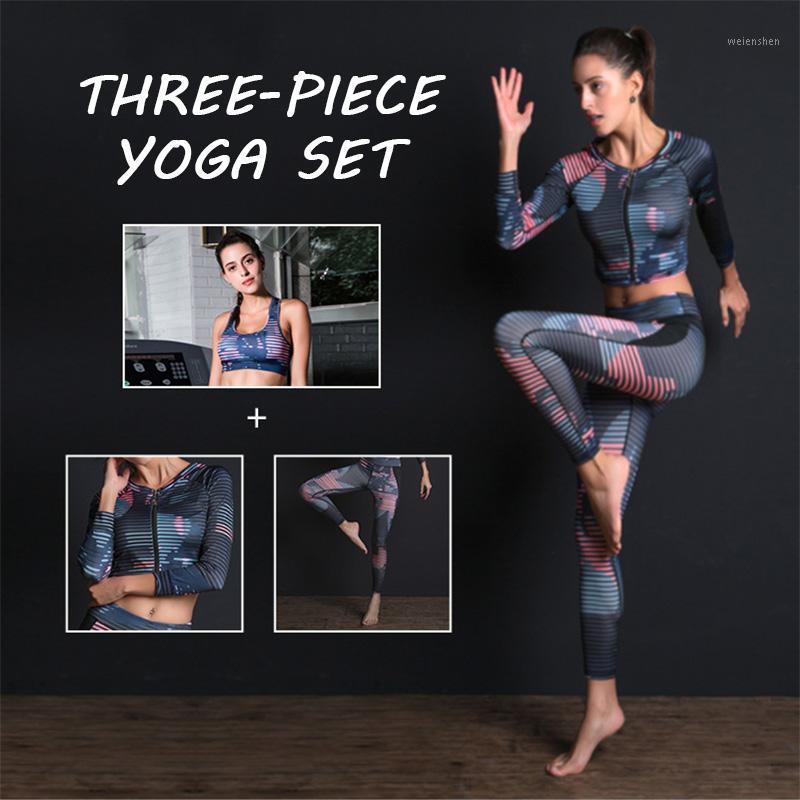 

2020 New Women Yoga Suit Fitness Clothes Coat Bra Pants Breathable Printed Sports Yoga Set Three-Piece Suit Gym Sport Set Women1, 2pcs