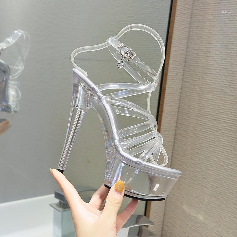

Femmes High Heel Sandals Women 2020 Fashion Show Transparent Heel Platform Women's Summer Shoes Sandals15cm High Shoe Pole Dance1, Silver