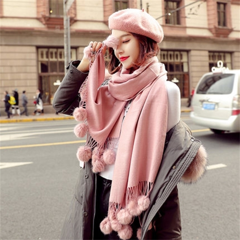 

Warm Winter Wool Cashmere Pom Scarf Pink Thick With Rabbit Fur Ball Pashmina Large Stole Lady Wrap Shawl Oversize Blanket 201224