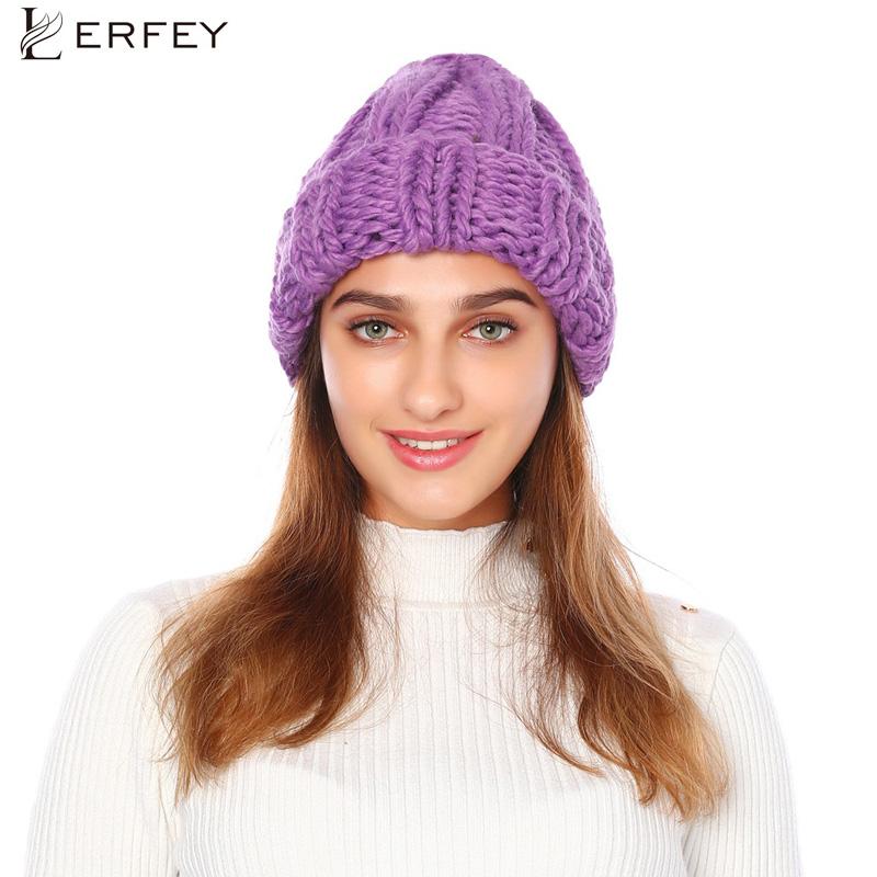 

LERFEY European Women's Knitted Cap Winter Warming Pure Color Curled Coarse Wool Cap Handmade Girl's Knitted Couple Hat