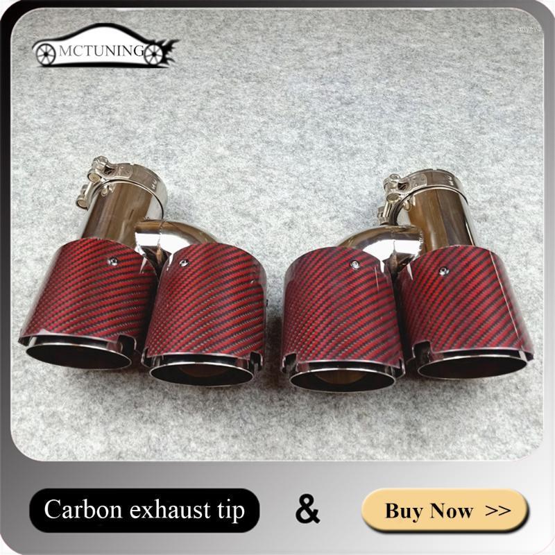 

One Pair IN 63MM OUT 89MM H Style Carbon Fiber Exhausts Dual Tips, Red Carbon Exhaust Tail Dual End Pipe1