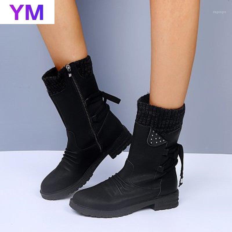 

New Style Retro Mid-calf Boots Women Winter Fashion Round Toe Square Heel Boots Solid Color Zipper&After The Lace-up Riding Boot1, Black