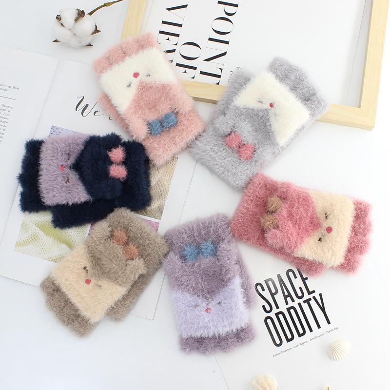 

Women Winter Warm Fur Flip Half Finger Gloves Female Cute Cartoon Writing Office Plush Velvet Touch Screen Knitted Gloves