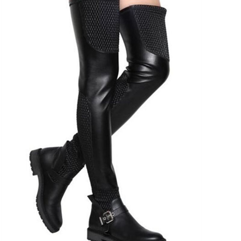 

2020 Winter Fall of Square Heel Flat Stretchy Long Leather with a Thigh Strap High Boots for Women Wp4f, Black.