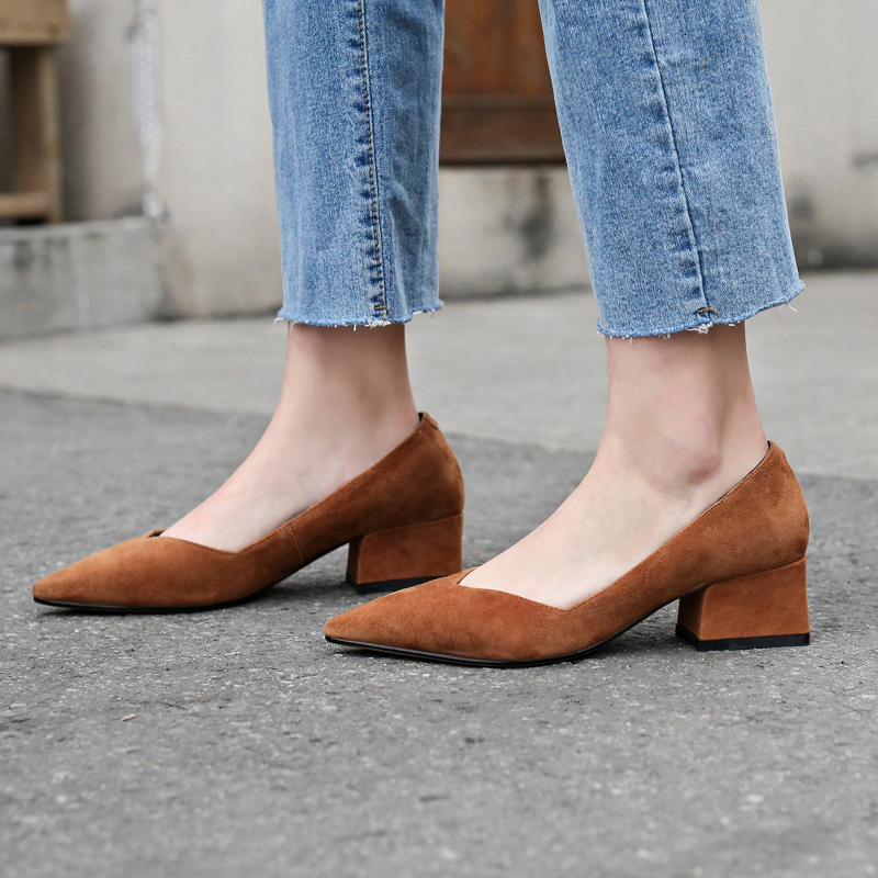 

2021 Female Pumps Hot 22-24.5 As a Suede Pointed to Europe and America Office Woman Shoes WG1Z, Brown.
