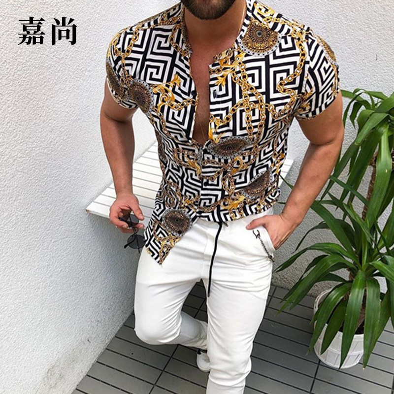 

2021 New and Male Printed Cardigan Men' Short Sleeve Shirt QE0C, Navy blue.