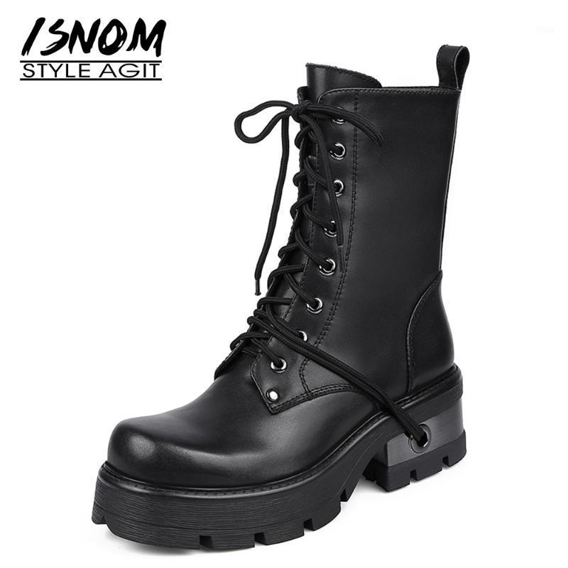 

ISNOM Genuine Leather Ankle Boots Woman Lace Up Chunky Heel Shoes Women Platform Zip Square Toe Skid Proof Booties 20211, Black