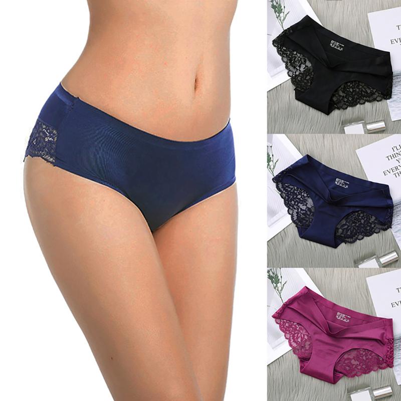 

2020 Sexy Seamless Panties Ice Silk Women Underwear Cotton Mid-Rise Briefs For Women Bikini Lace Lingeries, Purple