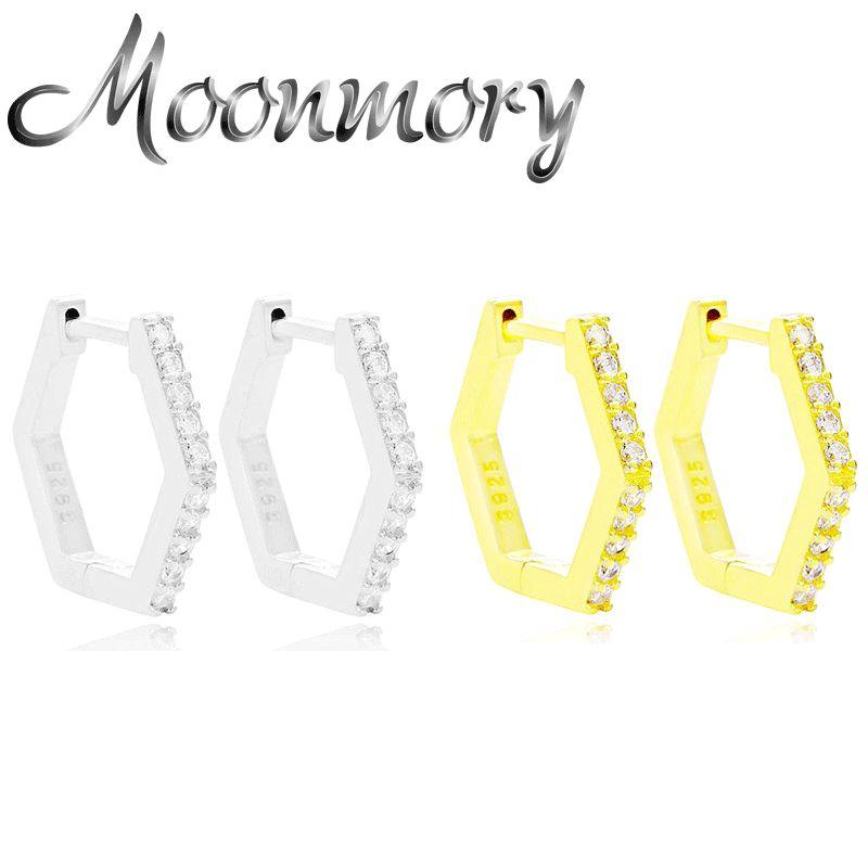 

Moonmory 925 Sterling Silver Geometric Full Zircon Hexagon Hoop Huggies Earrings For Women Punk Crystal Female Earring Jewelry