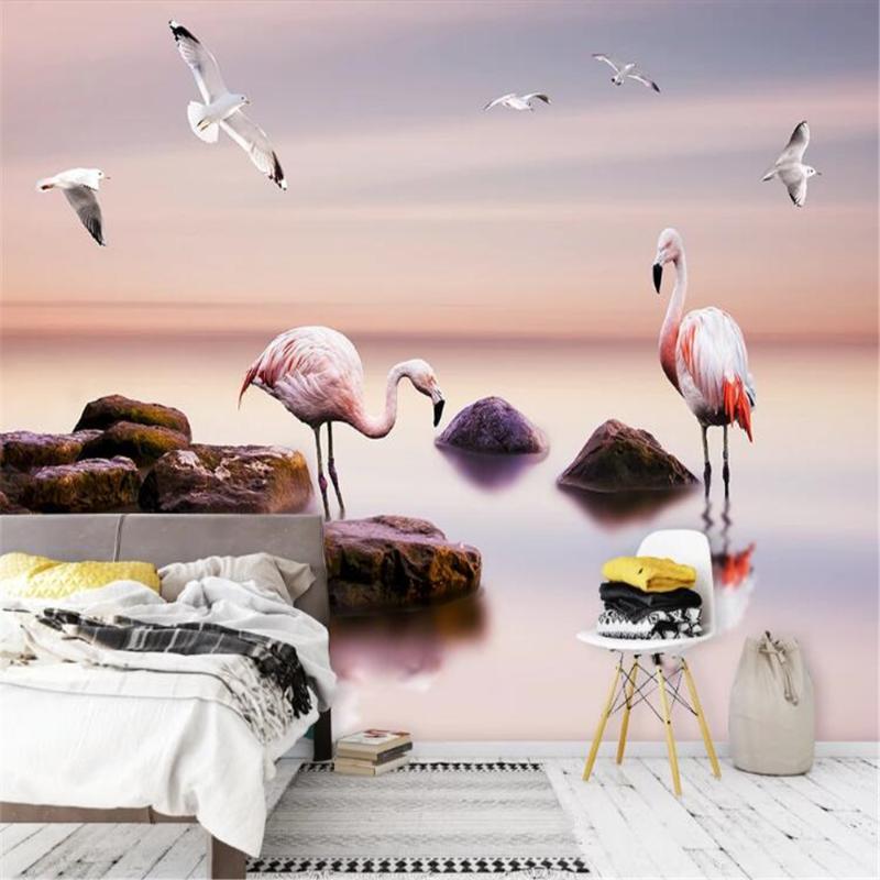 

Milofi wall custom Nordic modern minimalist sea lake flamingo landscape background wall paper mural, Silk cloth