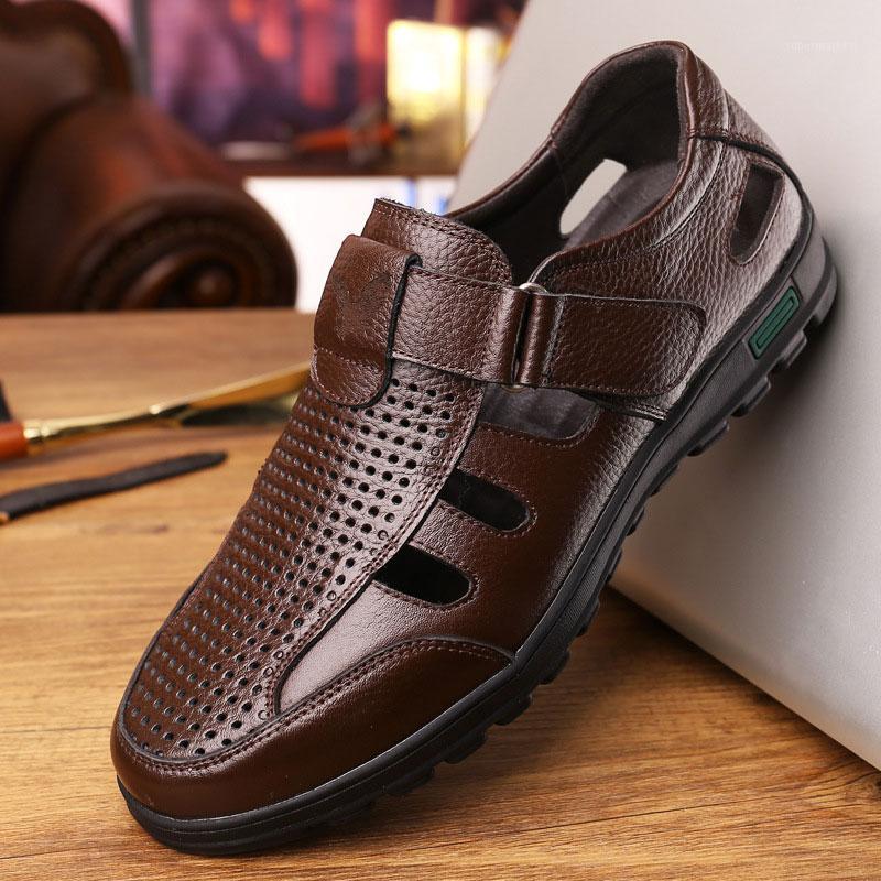 

Solid genuine leather summer sandals men shoes breathable hook-loop casual classics shoes men flats sandals zapatos hombre1, Brown