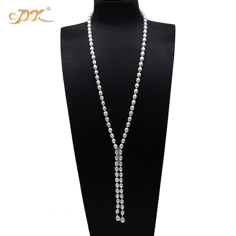 

JYX 2020 Elegant Pearl Long Necklace 7.5-8mm Rice Shape natural White Cultured Freshwater Pearl Sweater Necklace 43" women gift