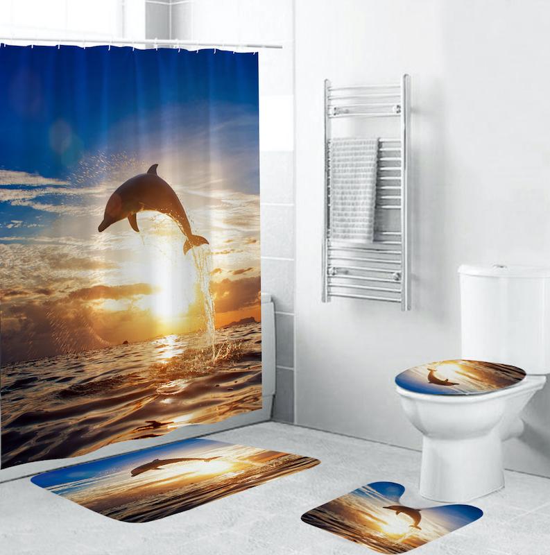 

Ocean Design Dolphin 4 In 1 Waterproof Fabric Bathroom 3D Shower Curtain Set with Non Slip Toilet Cover Rugs Mat Home Decoration