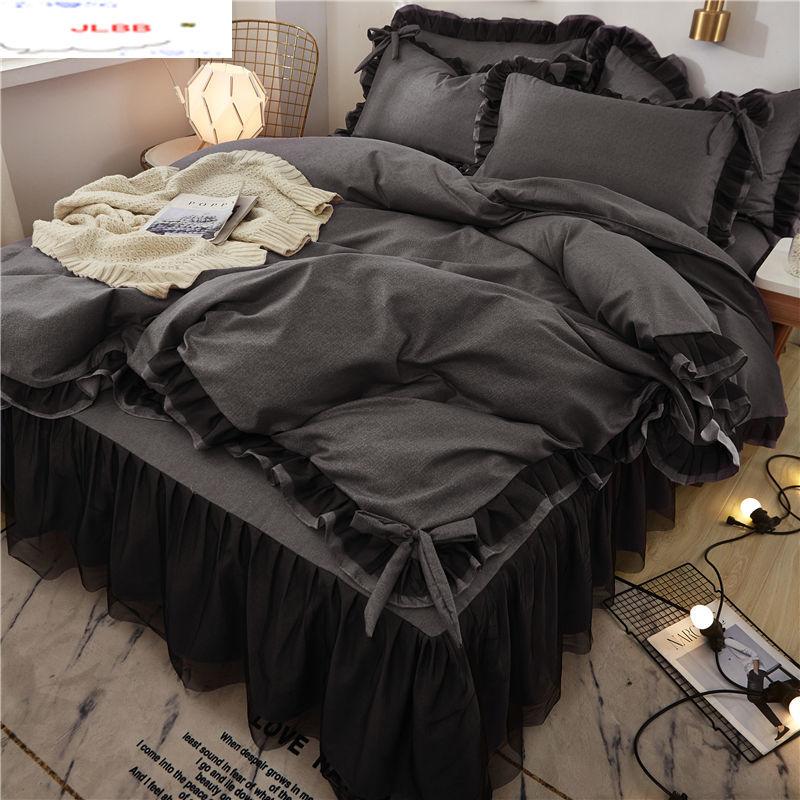 

Black lace Bedding Set  Full Queen King Bedspread princess Duvet Cover set Pillowcase girls lace bed skirt luxury bedclothes, Style10