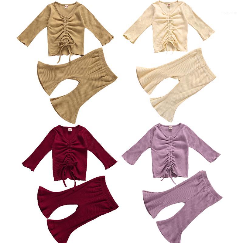 

FOCUSNORM 0-3Y Baby Girls Clothes Pajama Sets Solid Knit Long Sleeve Pullover Tops Flare Pants 2pcs1, Beige