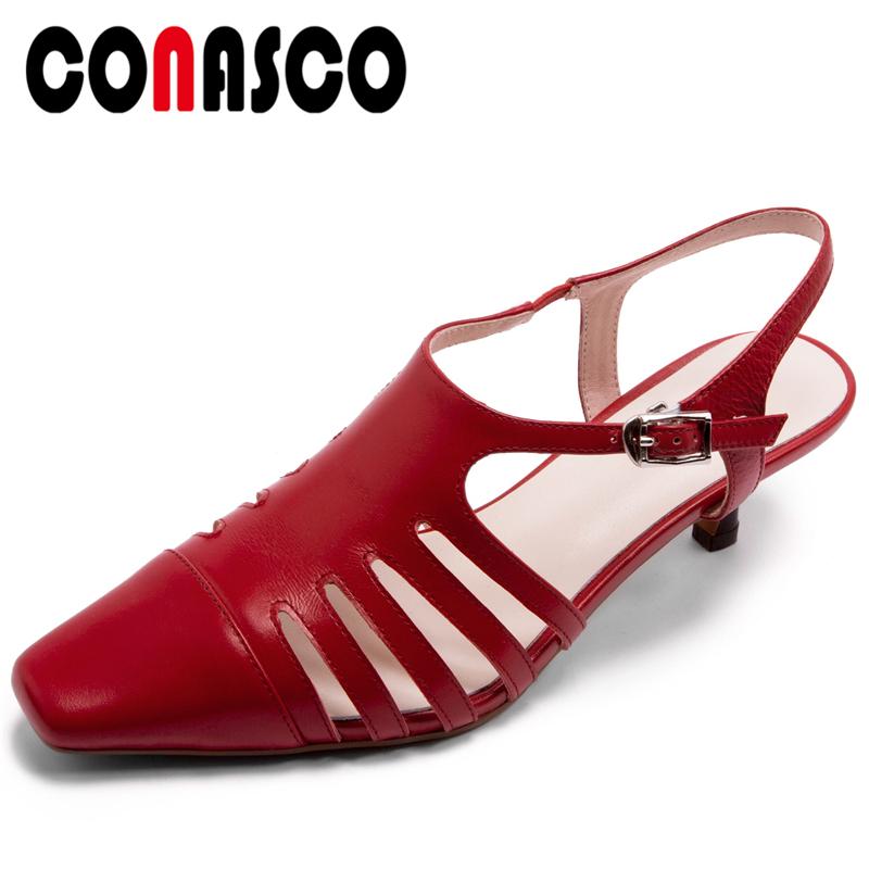 

CONASCO Summer Women Genuine Leather Sandals Pumps Fashion Sexy Narrow Band Rome Style Night Club Casual High Heels Shoes Woman, Black