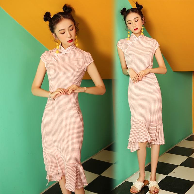 

Improved Cheongsam Girl Daily New Style Young Fish Tail Slim Pink Plaid Girl Student Summer