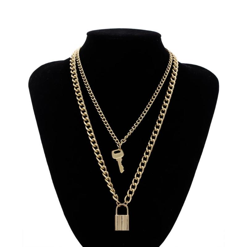 

Free Shipping Punk Lock Key Pendant Necklaces For Women Sweater Chain Gold Necklace Jewelry Kolye