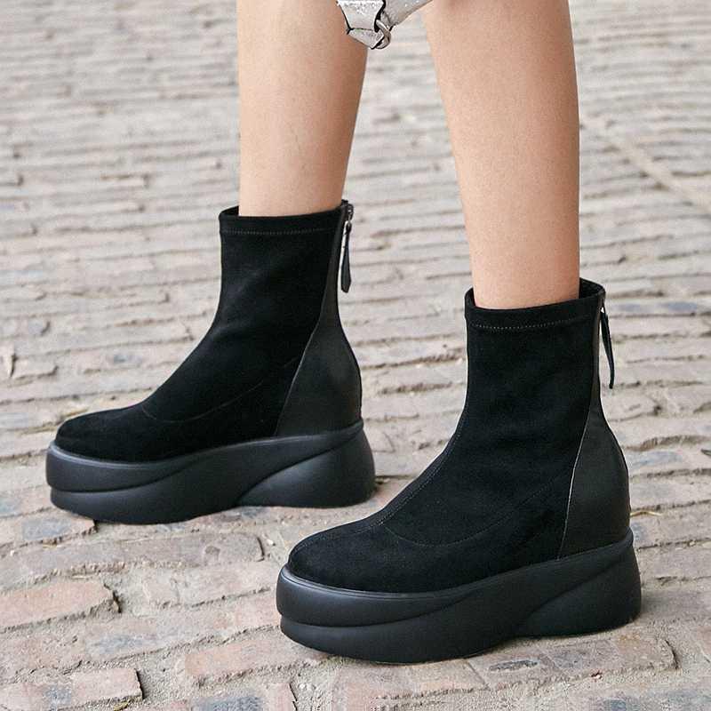 

Motorcycle boots women's new winter shoes cow leather flock material platform European thick bottom mid-calf boots, Black