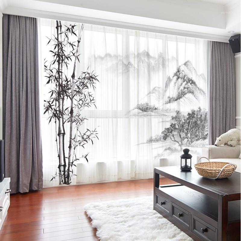 

Chinese Style Ink Wash Painting Curtains Drape Panel Sheer Tulle Home Decoration Living Room Bedroom Vintage Chiffon Curtains1, Tulle 2