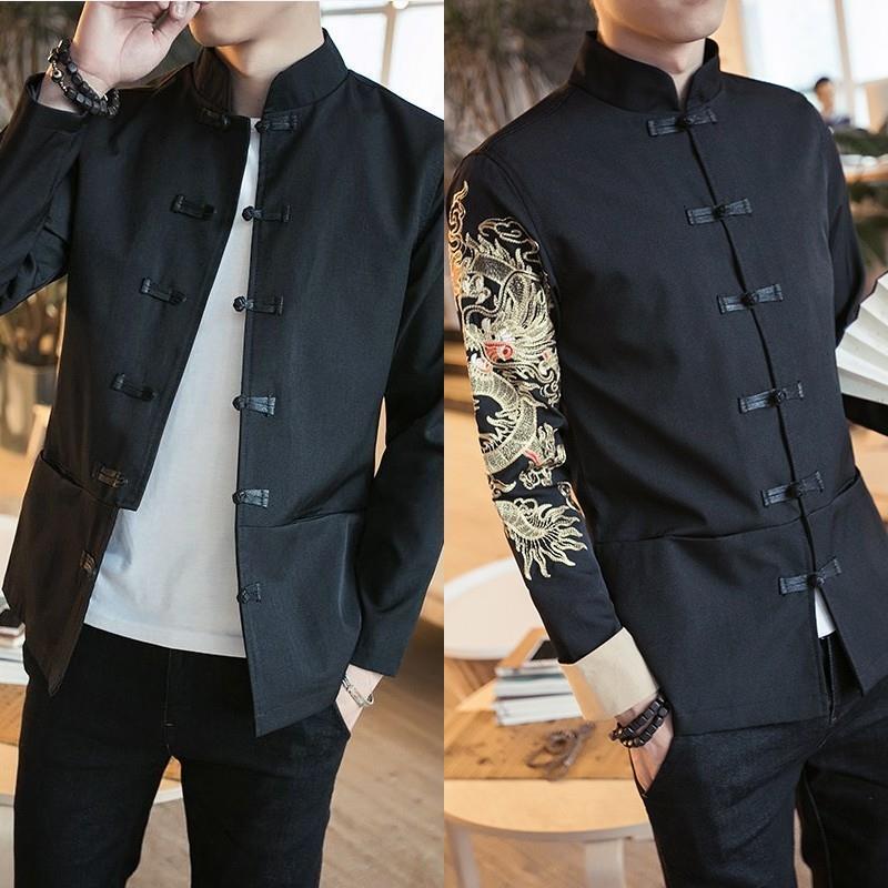 

Men's Spring retro Zhongshan dress set Leisure youth vertical collar small suit Korean version slimming buckle Tang Coat