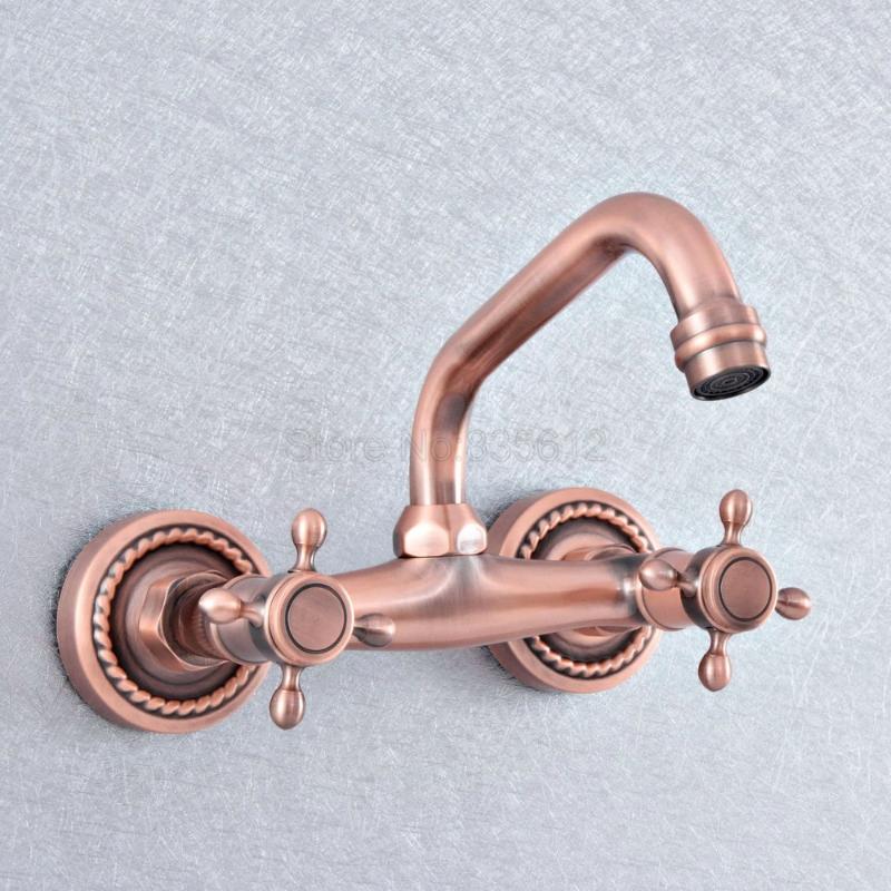 

Antique Red Copper Brass Wall Mounted Double Cross Handles Bathroom Kitchen Sink Faucet Mixer Tap Swivel Spout tsf856