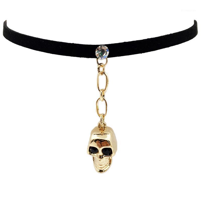 

LEMOER Punk Style Black Velvet Choker Necklace with Skull Crystal Pendants Necklaces for Women steampunk Jewelry collier femme1