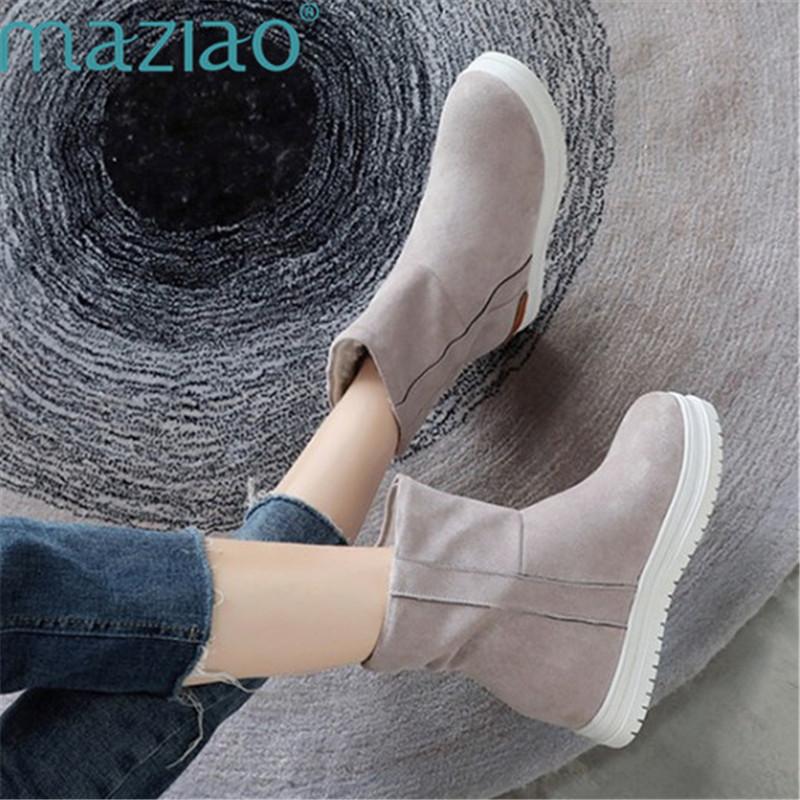 

Winter Height Increasing Fur Warm Shoes Leather Fur Round Toe Women Top High Quality Concise Casual Boots MAZIAO, Army green