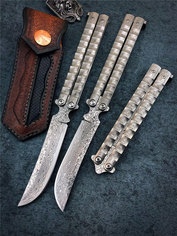 

Theone BRS All Damascus steel plate Butterfly Swing knife Benchmade knives Bush system Self-defense Hiking Hunting Tactical EDC tool