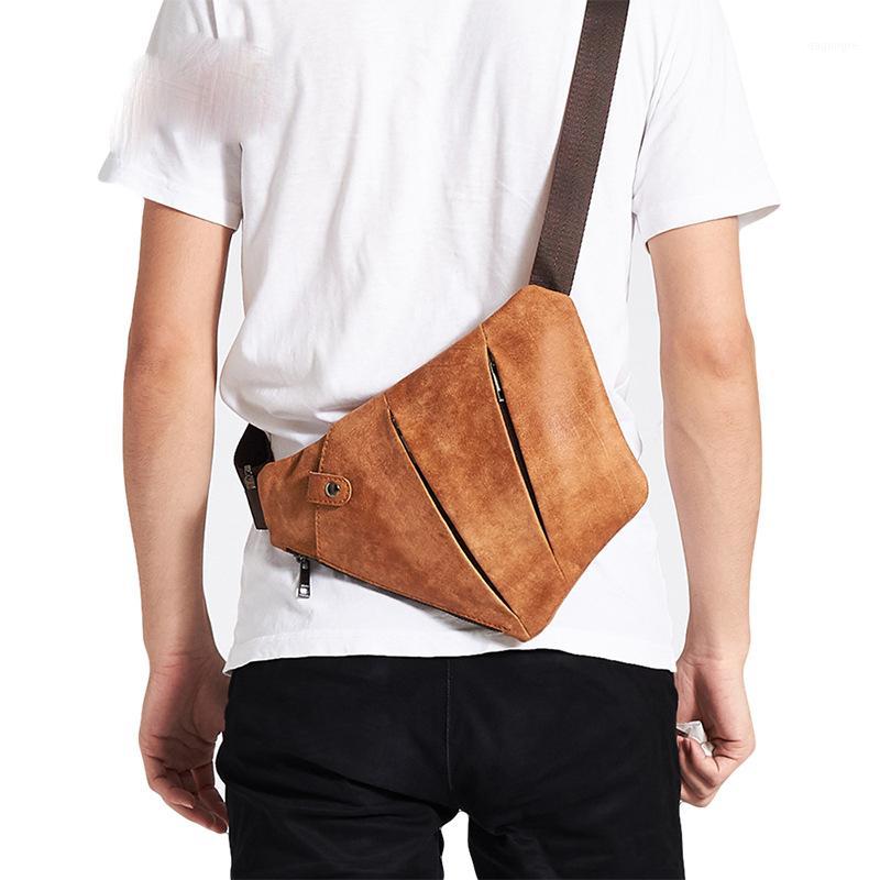 

Big Size Men's Leather Chest Bag Fashion Casual Riding Crossbody Chest Bag First Layer Cowhide Bike 2 Zippers Compartments1, Black