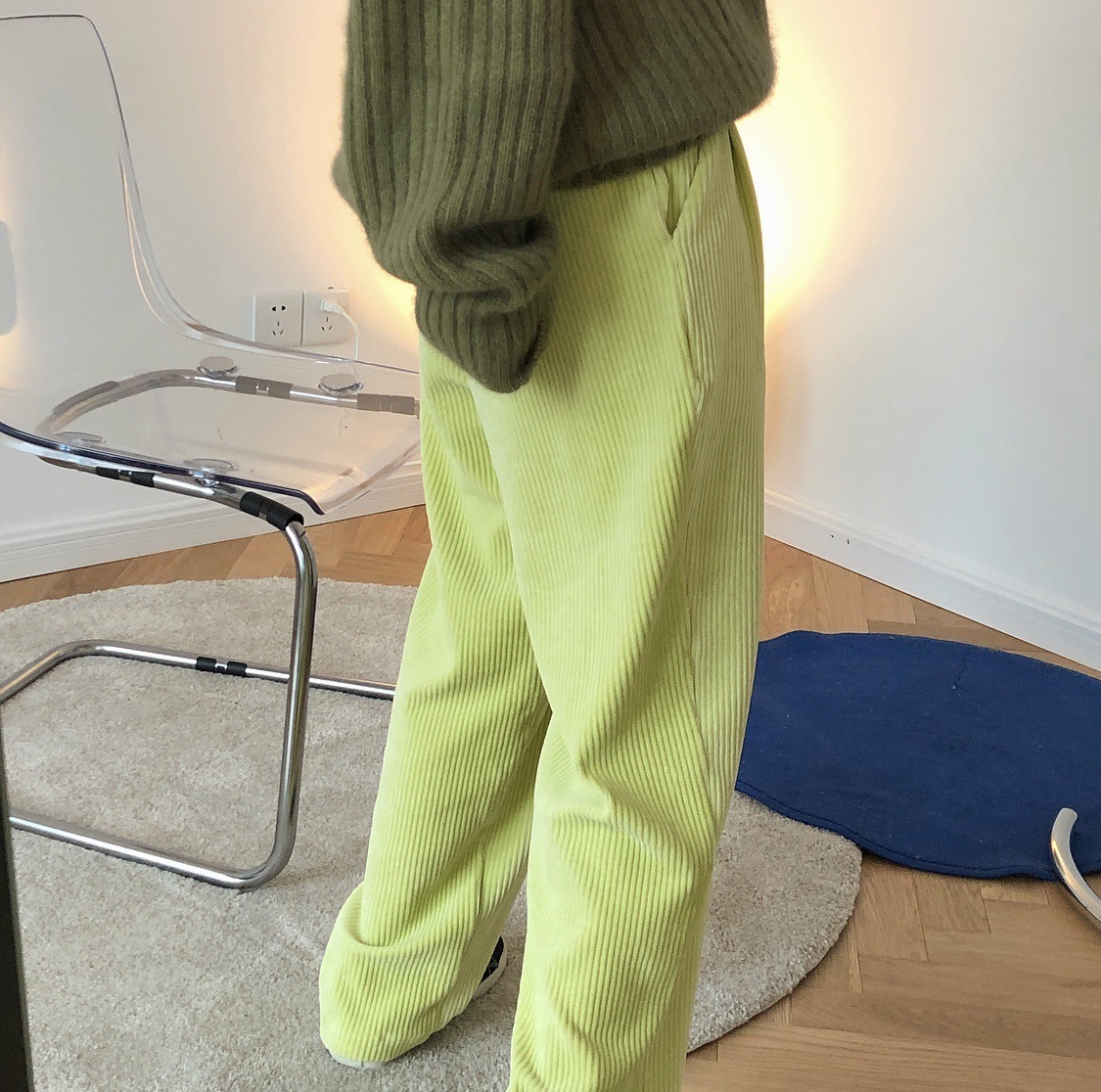 

2021 Autumn Winter New Simple Style High Drop Female Pants Vintage Tvpx, Yellow green.
