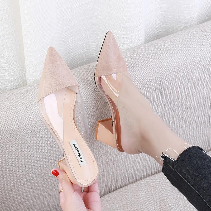 

New Summer Slippers Women Shoes Woman Mules Transparent Fashion Pointed Toe Flock Square High Heels Slides Sexy Ladies Shoes1, Black